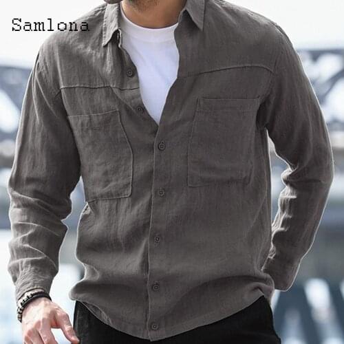 Samlona Plus Size Men Fashion Shirt Linen Tops Sexy Men clothing 2021 Summer Long Sleeve Tunic Shirt Single-breasted Mens Blouse