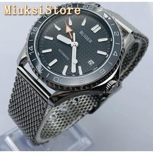 Bliger 41mm mens top casual business GMT watch sapphire glass ceramic bezel black dial date luminous waterproof automatic watch