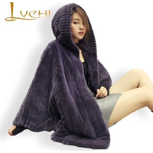 LVCHI 2019 Women Coats Midi Casual knitted mink Winter Natural Mink Fur Coat Import Velvet Women New Parker Coat