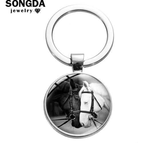 SONGDA Simple Gothic White Black Horse Lovers Keychain Art Photo Glass Cabochon Pendant Key Chain Animal Jewelry Valentines Gift