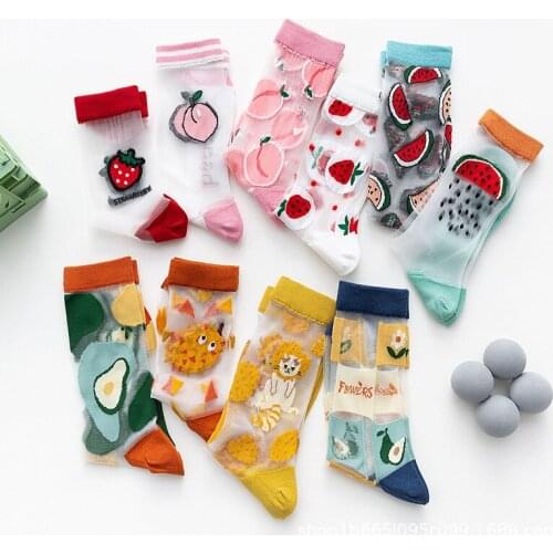 Thin Transparent Funny Socks Women Fruit Avocado Watermelon Pineapple Creative Korean Skarpetki Glass Crystal Lace Sokken 5pairs