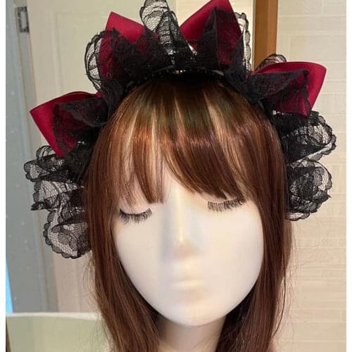 Original Lolita Hair Accessories Dark Sweet Japanese Lace Bow Hair Band Loli Headdress Fairy