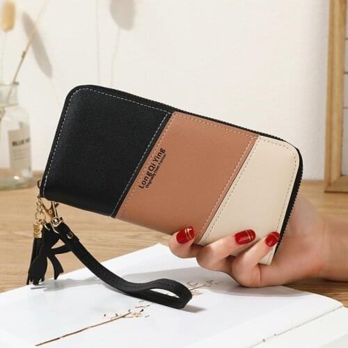 Women Wallets Long Patchwork Three Color Hit Color Female Zipper Tassel Letter Coin Purses New Card Holder Clutch Bag For Phone