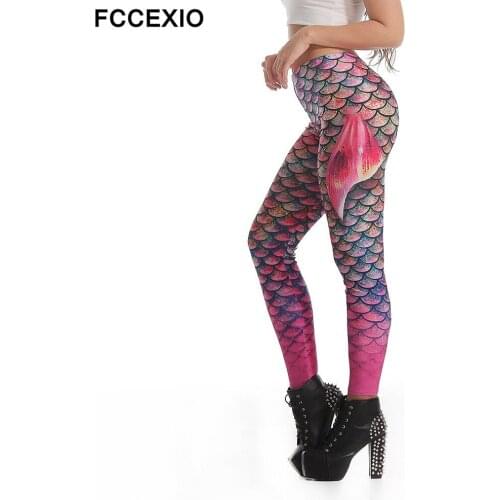 FCCEXIO Womens Ombre Pink and Purple Mermaid Wings Leggings 2019 Fish Scale Tail Fins Printed Leggings Stretch Fitness Legins