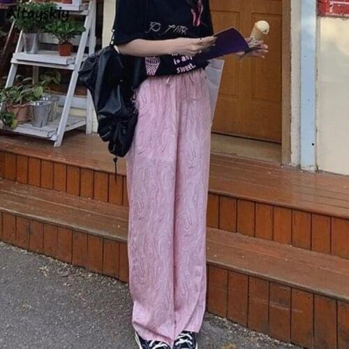 Women Pants Summer Tie Dye Trendy Harajuku Streetwear Pink Sweet Cool All-match Full Length High Waist Lazy Wide Leg Baggy Cozy