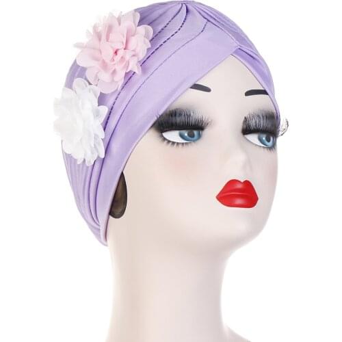 Womens Double Flower Turban Fashion Solid Color Bandana Ladies Headwrap Chemo Cap