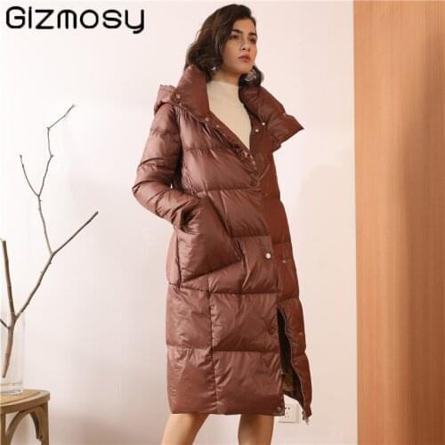 Gizmosy 2021 Winter High Quality Hooded Down Jacket Women Warm Thick Parkas Jacket 90% White Duck Down Coat Casual Snow Outwear
