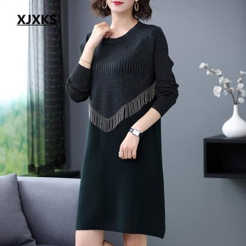 XJXKS 2020 spring new casual women cashmere knitted dress loose large size fashion fringed women long sweater