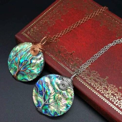 Women Necklace Natural Colorful Disc Abalone Shell Pendant Necklace Handmade Wire Wrap Tree of Life Jewelry for Ladies Female