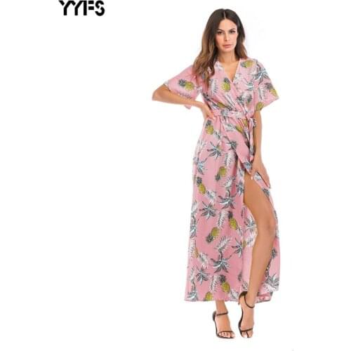 YYFS 2019 New Summer Dress Women Flower Floral Print Chiffon Boho Dress Short Sleeve V neck Beach Party Dress maxi dress women