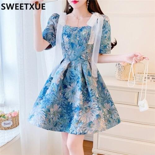 SWEETXUE Female Vintage Fashion Elegant Oil Painting Print Mini Dress French Puff Sleeve Bow Lace-up Kawaii Party Dress Womens
