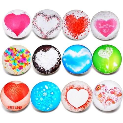 10pcs/lot New Glass Snap Jewelry Mixed Beautiful Heart Pattern 18mm Glass Snap Buttons For DIY Snap Bracelet Valentines Day