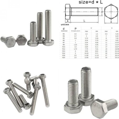 10pcs External Hex Hexagon Head Screws with Full Thread M4 M5 M6 M8 M10 304 Stainless Steel Hexagon Head Bolt length 8-60mm
