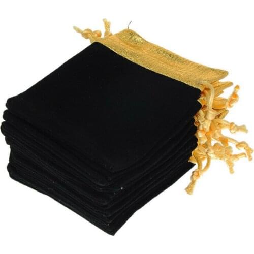 2018 Wholesale Jewelry Gift Bags 100Pcs 10x12cm Black Velvet Gold Trim Drawstring Pouches Free Shopping