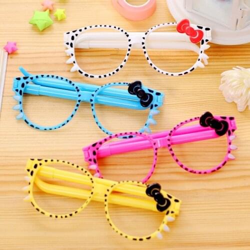 48pcs/lot creative novel cute stationery belt bow eye glasses style ballpoint pen blue ink color girls gift prize