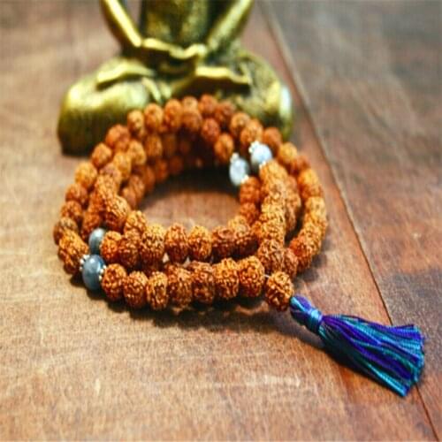 8MM Rudraksha 108 beads Necklace knot Tassels natural Tassel Buddhism spirituality Unisex Fancy Wristband Gemstone MONK chain