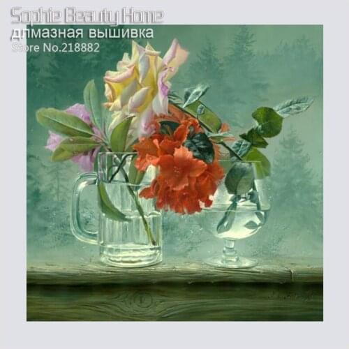 New Mosaic Full Laid Diamond Painting Embroidery Valentine Rose Flowers Glass Cup Beads Cross Stitch Mosaic Oil Wedding Gift