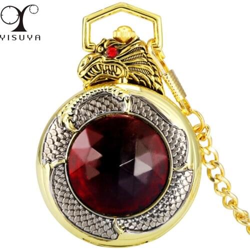 Luxury Gold Dragon Red Stone Design Quartz Pocket Watch Fob Chain Pendant Antique Jewelry Pocket Clock Gifts Male