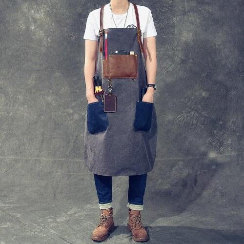 Man Women Canvas Apron Cotton Real Leather Strap Barber Florist Gardener Painter Work Wear Barista Bartender Waitstaff Uniform