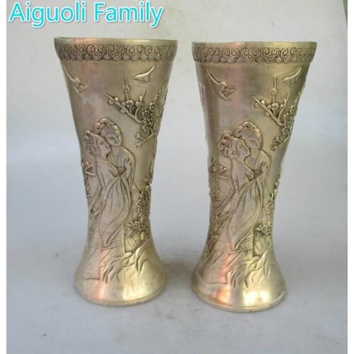 Collectible 1 Pair of Chinese Ming /Qing Dynasty Decorated Old Handwork Tibet Silver 2 Women Vase/Antique Metal Vase