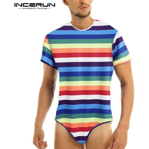 INCERUN Men Sexy Bodysuit T Shirts Short Sleeve Round Neck Camisetas Man Leisure Colorful Striped Rompers Fitness Tops Plus Size