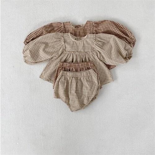 Vintage Lantern Sleeve Plaid Suit for Girls Clothes Long Sleeve Ruffles Lace Shirt+Pp Pants Set Cotton Toddler Girls Clothing