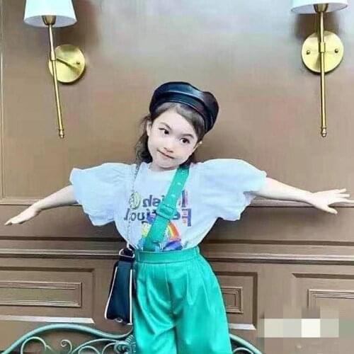 Summer Girls' Clothing Sets New Style Fashion Cartoon Puff Sleeve Top And Overalls 2Pcs Baby Kids Clothes Suit Children Clothing