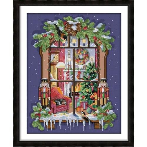 The Window of The Christmas Cross Stitch Set Embroidery Kit 14CT11CT Pre-Printed Pattern Canvas Handicraft Needlework Home Decor