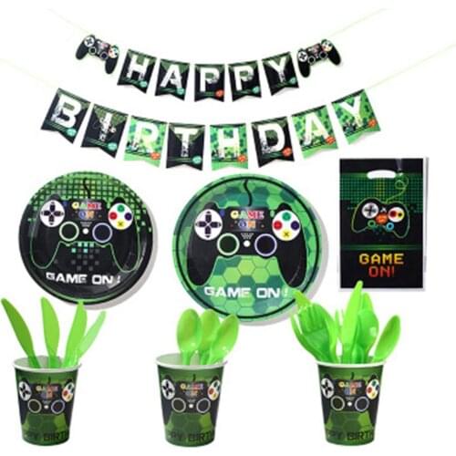 16 People Game On Video Green Disposable Tableware Set Game Controller Plate/Napkin Decor Happy Birthday Party Decor Kids Boy