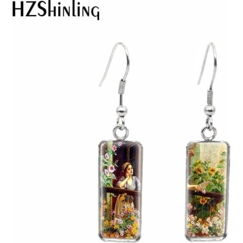 2020 New The Balcony Flowers Earring Mediterranean Oil Painting Rectangular Hook Earrings Glass Dome Jewelry Handmade