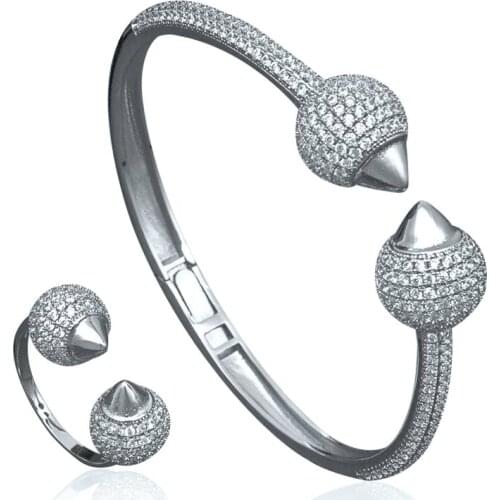 Newness Luxury Disco Ball African Bangle Ring SetCluster Cubic Zirconia Women Brand Bijoux Wide Bangle Ring Sets Party