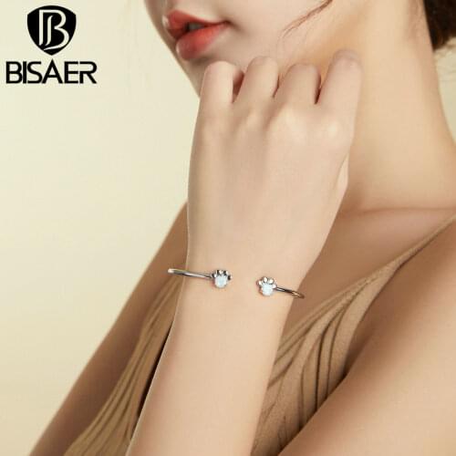 BISAER New 925 Sterling Silver Puppy Paws Bangles S925 Snake Chain Silver Bracelets for Women Jewelry Gift Pulseira EFB055