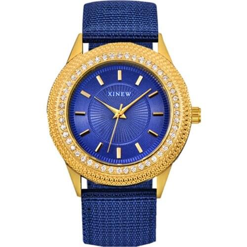 Genuine XINEW Brand 9055 Watches Mens Fashion Nylon Band Simple Diamond Gold Quartz Wristwatch Reloj Hombre Montre Homme Black