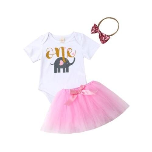 First Birthday Cartoon Dress Outfits Romper Tutu Skirt Headband 3PCS Clothes For Baby Girls Size 0-18M