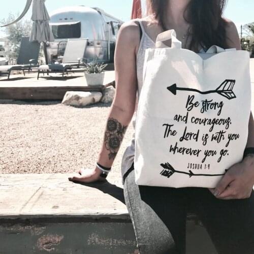 Be Strong and Courageous Canvas Bag Casual Joshua 1:9 Christian Bible Verse Inspirational Tote Bag Arrow Regious Pocket Bags