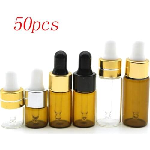 50pcs/lot 1ml 2ml 3ml 5ml Empty Dropper Bottle Portable Amber Glass bottle Esstenial Oil Bottle with Glass Eye Dropper