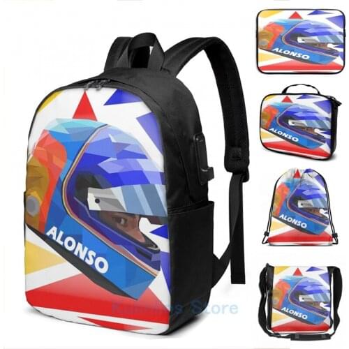 Funny Graphic print Fernando Alonsos Helmet USB Charge Backpack men School bags Women bag Travel laptop bag