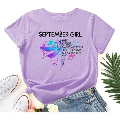 September Girl Dragonfly Print Crew Neck Short Sleeve Summer Cotton Graphic Tee Tops for Women Female Shirts Clothes T-Shirt Top