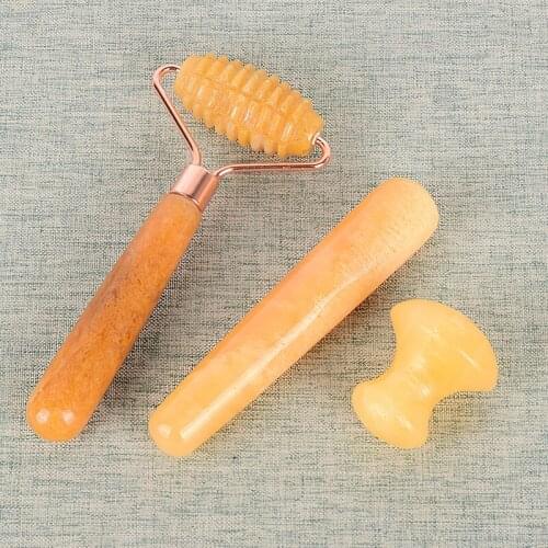 Yellow Jade Sawtooth Face Roller Neck Gua Sha Tool Facial Care Massage Scraping Skin Detox Chin Lifting Firming Natural Massager