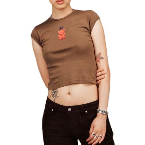 Female T-Shirt, Letter Bear Pattern Print Round Collar Short Sleeve Pullover Tops for Summer, Green/Coffee