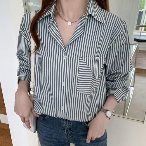 Women Blouse Vintage Striped Long Sleeve Lapel Single-breasted Shirt Femme Match Casual Loose Blouse Chic Summer Pocket Tops