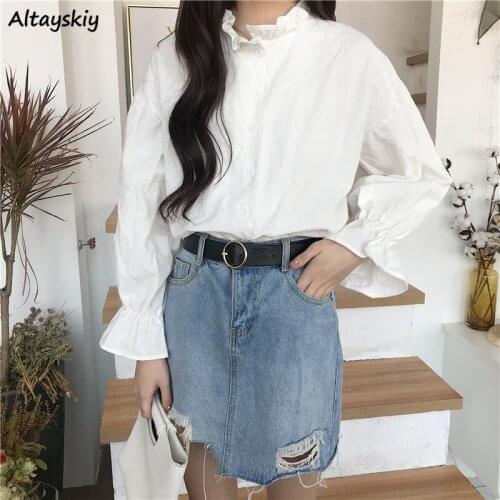 Women Shirts Solid Simple Slim Spring Ruffle Flare Long Sleeve Female Elegant Korean Style Students Harajuku Leisure All-match