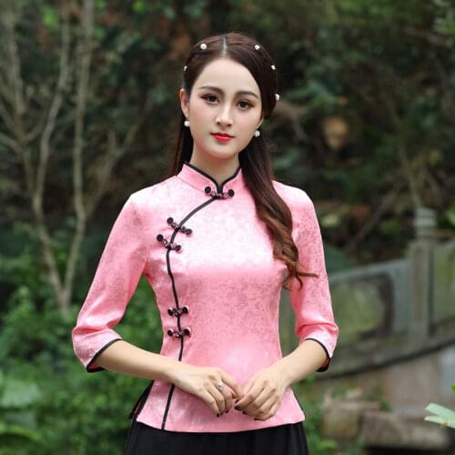 Cheongsam Womens Plus Size Short Tops 2021 Summer New Fashion Cotton Blend Prints Cheongsam Slim fit Chinese Qipao Shirts Woman