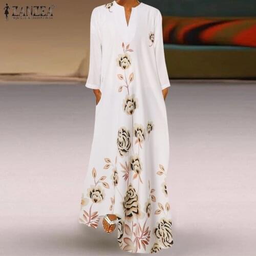 Womens Printed Sundress ZANZEA Stylish Summer Maxi Dress Casual Long Sleeve Holiday Vestidos Female V neck Robe Femme