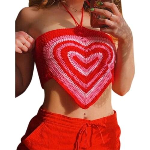 Women Sexy Halter Neck Crop Top Sweet Love Heart Crochet Knitted Camisole Off Shoulder Criss Cross Lace-Up Back Bralette