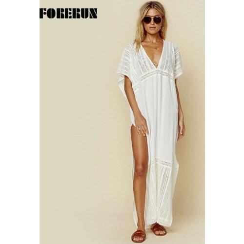 FORERUN White Beach Dress Women Long Kaftan Swim Lace Cover Up Summer Saida De Praia Beachwear Cotton Pareos De Playa Mujer