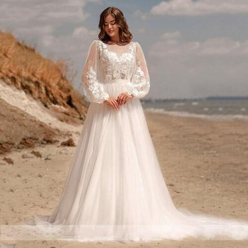 Princess Ivory Lace Wedding Dresses A Line Long Puff Sleeves Bridal Gowns Wiith 3D Floral 2021 Vestidos De Novia Sweep Train