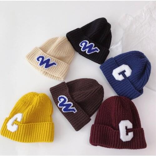 Letter Print Winter Baby Hat for Boy Girl Solid Color Kids Knitted Beanie Winter Warm Hats Boys Girls Bonnet Cap
