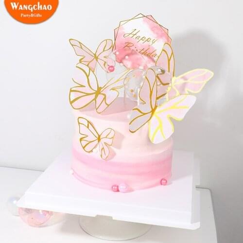 1 Set Creative Pink Painted Butterfly Theme Happy Birthday Cake Topper Baby Shower Princess Kids Favors Party Supplies Candy Bar