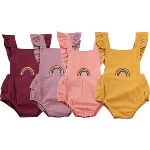 2020 Newborn Infant Baby Girl Clothes Ruffles Sleeveless Rainbow Bodysuit Cotton Linen Outfit Summer Size 0-18M